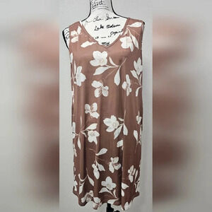 Bon Apple Tea Coffee & White Floral Pocket Sleeveless V Neck Shift Dress Size S